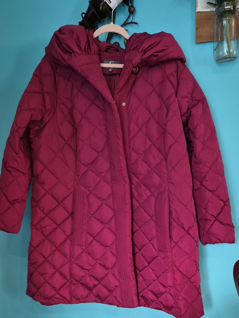 NWOT GALLERY Quilted Hooded Coat in Burgundy Ptp 28, L 37
